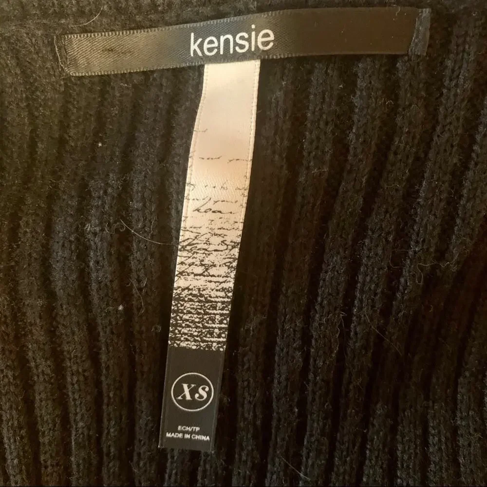 Kensie Boho Black Open Front Vest Sz XS Knit Shag Drape Layered VTG Hippie 70s